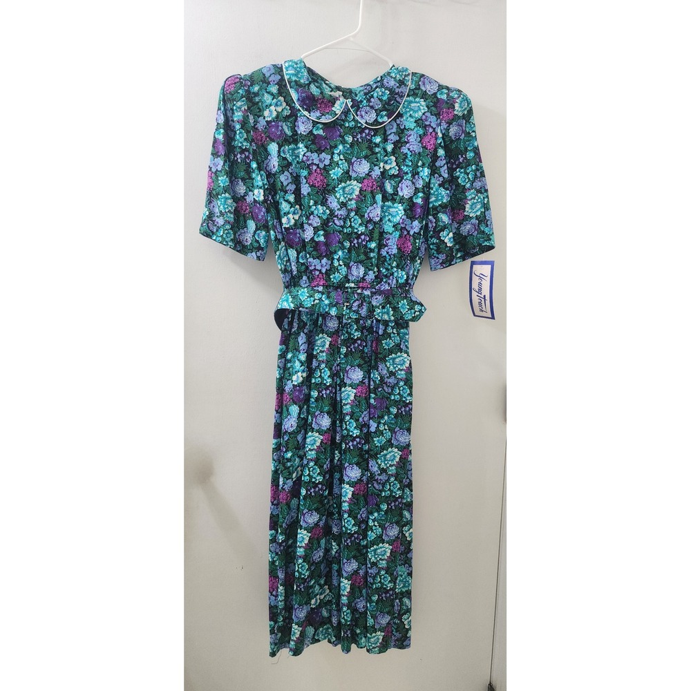 Michelle Stuart Vintage Floral Midi Dress Teal Purple Rayon Belted Size 8 USA